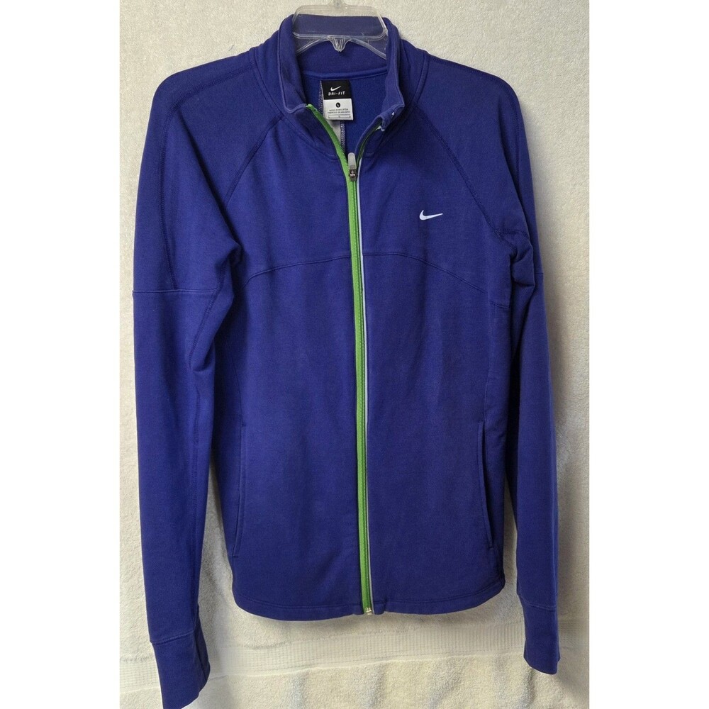 Nike Womens Dri-Fit Track Jacket L Full Zip Blue Neon Green Thumbholes